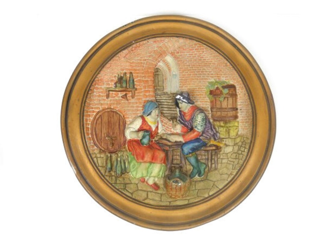 Big Vintage Ceramic Wall Art Plaque Middle Ages Scene Tavern Beer Wine