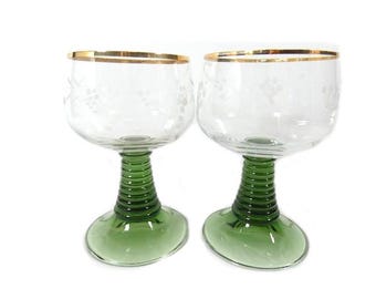 2 Engraved Roemer Liquor Glasses Olive Green Foot Roemer Glasses Vintage Green German Glasses Vintage Roemer Glasses