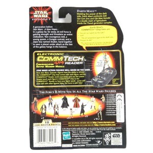 May include: Star Wars Episode I action figure of Darth Maul, a Sith Lord with a double-bladed lightsaber. The figure is packaged in a black and red box with a description of the character and the Star Wars logo. The back of the box shows other figures in the series and the Electronic CommTech Reader.