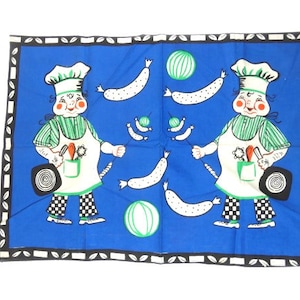 Blue Chefs Cooking Fabric Vintage Cooking Fabric Barbecue Cloth Vintage Chefs Fabric Vintage Chef Cloth