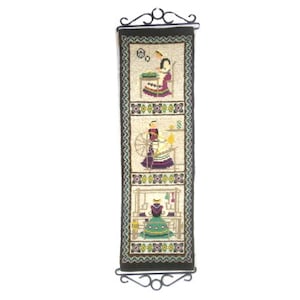 Vintage Swedish Crafts Wool Tapestry Knitting Spinning Wheel Wool Work Unique Tapestry Wool Art Needlework Cross Stitch Scandinavian Design
