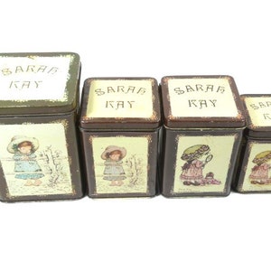 1 Vintage Sarah Kay Tin Canister Pequeño Contenedor de Almacenamiento de Estaño Caja de Almacenamiento de Cocina Tarro de Galletas