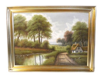 Vintage danés pintura al óleo bosque cabaña paisaje naturaleza escena corriendo arroyo lago