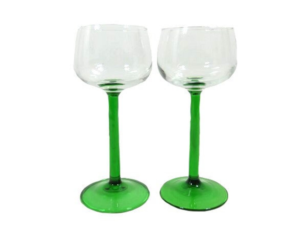 2 Long Stem Roemer Wine Glasses Green Foot Roemer Glasses Vintage Green
