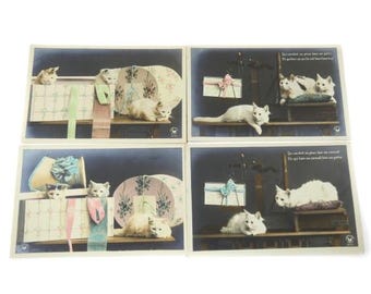 Lot de 4 cartes postales vintage de chat français Paris Croissanr Artisan Cat - Art antique de chat