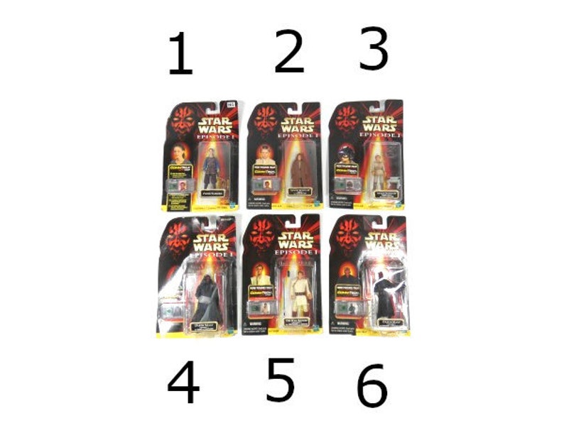 May include: Six Star Wars Episode I action figures in their original packaging. The figures are of Darth Maul, Qui-Gon Jinn, Obi-Wan Kenobi, Jar Jar Binks, Anakin Skywalker, and a Sith Trooper.