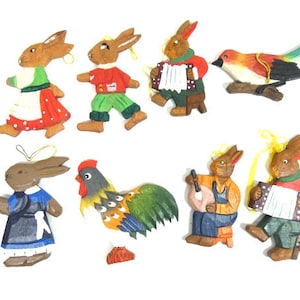 1 Vintage Wooden Easter Ornaments Bunnies Birds Ans Rooster Hand Painted German Design Ornament