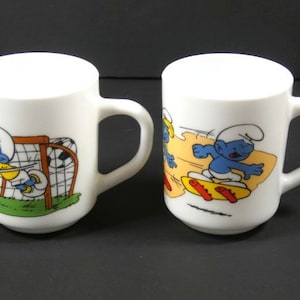 1 Vintage The Smurfs Sports Mug Arcopal France Milk Glass Cup 1990