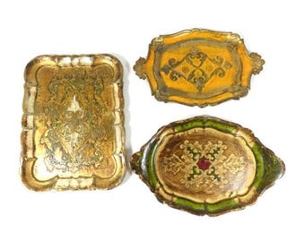 1 kleines Vintage Italienisches Serviertablett im Florentiner Stil Gelbgold Tablett im italienischen Stil Schönes Serviertablett Elegantes Vintage Serviertablett