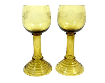 2 Beige Amber Etched Roemer Wine Glasses Roemer Glasses Vintage Beige German Glasses Vintage Roemer Glasses