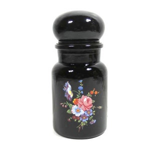 Vintage Black Apothecary Bottle With Flowers Retro Jar 6.5x3.1 Inches Black Glass Bottles