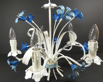 Vintage Tole Chandelier Blue Flowers Lamp Metal Flower Lamp Elegant