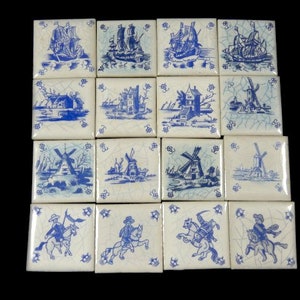 4 Miniature Tiles Windmill House Ship Man Delfts Blauw Tiles Vintage Small Tiles Vintage Mosaic Tiles Mini Dutch Windmills Sailboat