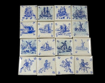 4 Miniature Tiles Windmill House Ship Man Delfts Blauw Tiles Vintage Small Tiles Vintage Mosaic Tiles Mini Dutch Windmills Sailboat