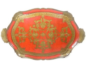 Vintage Italian Florentine Serving Tray Gold Red Italian Tray Beautiful Serving Tray Elegant Vintage Serving Tray Florence