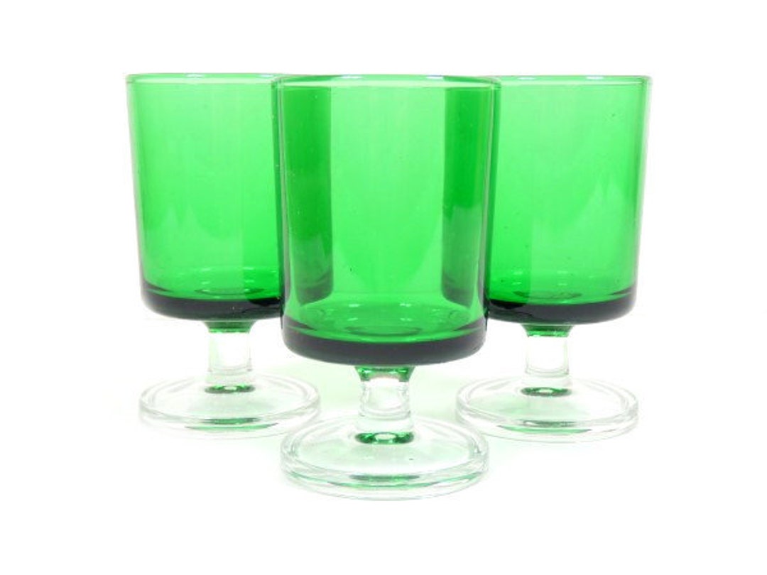 Set of 3 Vintage Emerald Green Glasses Retro Liqueur Liquor Glasses French Design Made in France