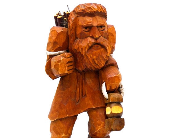 Folk Art Dwarf Wood Carved Man With Branches and A Lamp Wood Carving ...