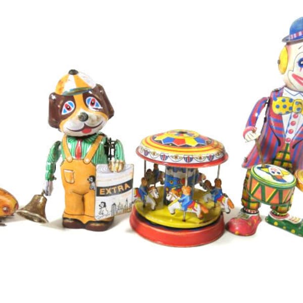 1 Antikes Blechspielzeug Aufziehspielzeug mit der Originalverpackung Clown Schlagzeuger pickend Huhn Karussell Nachrichten Junge Hund
