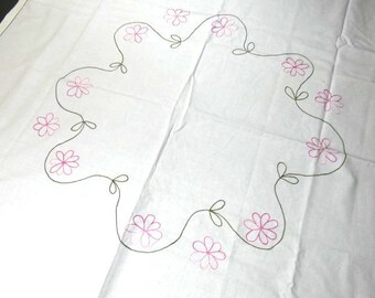 Vintage Pink Green Flower Embroidery Table Cloth Vintage Retro Table Linens Embroidered Table Cloth