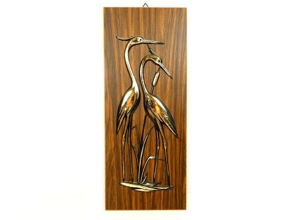 Heron Hanging Wall Art - Gold Heron - Wooden Hanging Wall Art - Bird Art Vintage Bird Art