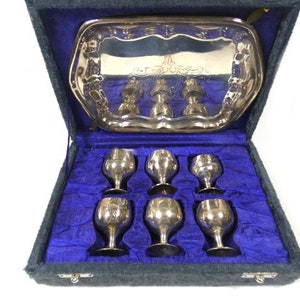 Vintage EPNS Silver Plated Brandy Liquor Goblets Liquor Glasses With Tray In The Original Box