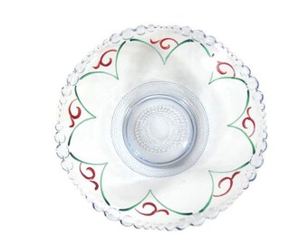 Vintage ręcznie malowana miska ze szkła uranowego w stylu miski do serwowania, szklana miska, niebiesko-czerwona szklana miska, dekoracyjna szklana miska