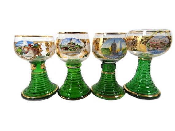 1 Gold Bemalte Römer Weingläser Grüner Fuß Deutsche Stadt Römer Gläser Vintage Grüne Deutsche Gläser Vintage Römer Gläser