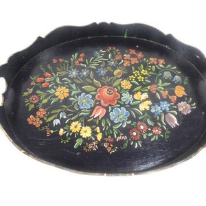 Big Floral Pink green Blue Hand Painted Folk Art Serving Tray Wooden Serving Tray Flowers Serving Tray Ornate Serving Tray Vintage