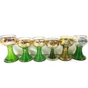 1 Gold Painted Roemer Wine Glasses Green Foot German City Roemer Glasses Vintage Green German Glasses Vintage Roemer Glasses