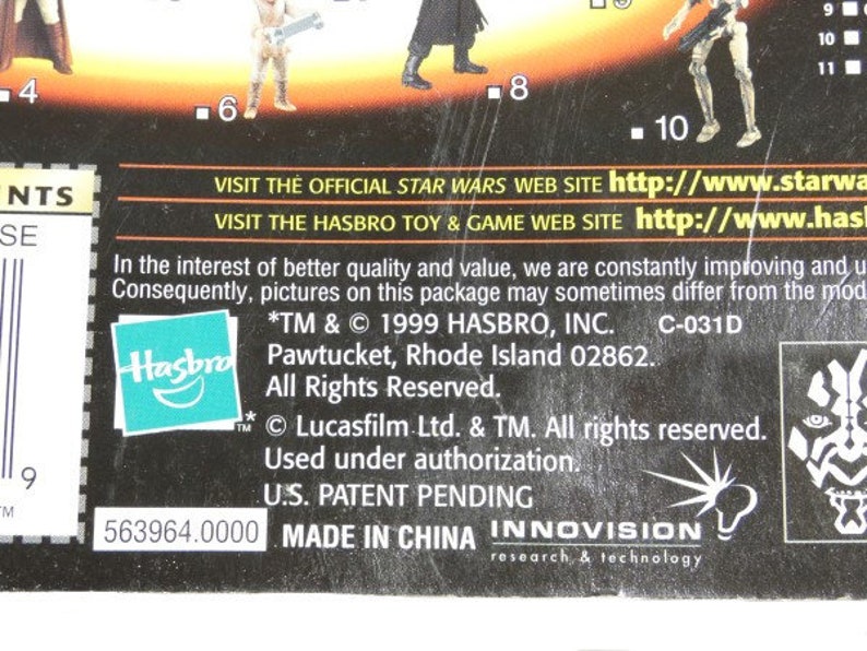 May include: A black and white action figure packaging featuring a Star Wars character on the front. The packaging includes the Hasbro logo and the text "*TM & &copy; 1999 HASBRO, INC. C-031D Pawtucket, Rhode Island 02862. All Rights Reserved."  The packaging also includes the text "Lucasfilm Ltd. & TM. All rights reserved. Used under authorization. U.S. PATENT PENDING 563964.0000 MADE IN CHINA INNOVISION research & technology".