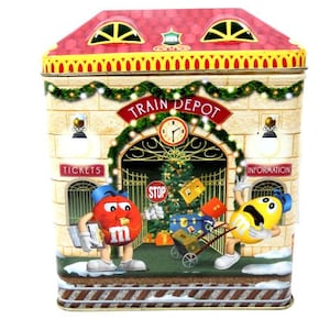 Vintage M&M Christmas Tin 2001 Candy Tin Canister Cookie Jar Chocolate Tin Box