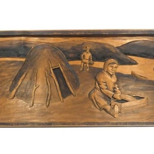 1 Vintage Holz geschnitzte Malerei Eskimo Kunst Inuit Kunst signierte Holzschnitzerei 3D Kunstmalerei Holz