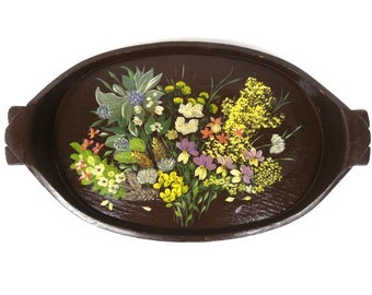 Vintage Brown Hand Painted Folk Art Serving Tray Wooden Serving Tray Flowers Serving Tray Ornate Serving Tray Vintage Serving Tray
