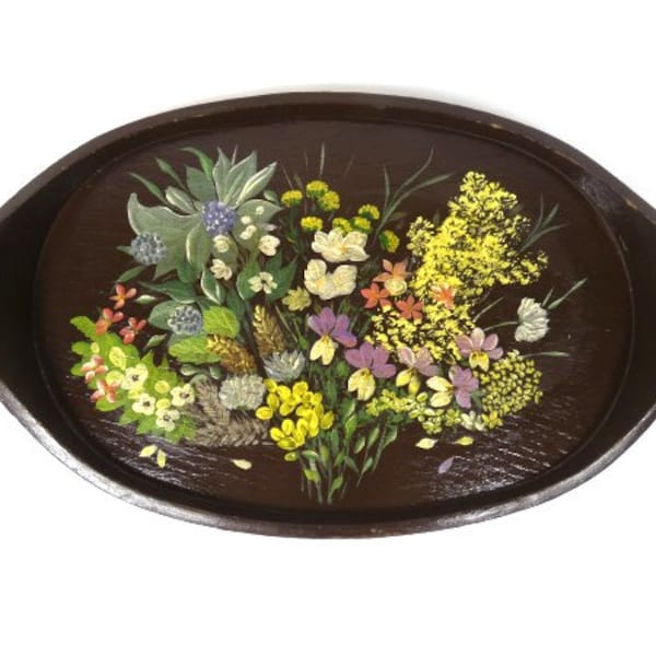 Vintage Brown Hand Painted Folk Art Serving Tray Wooden Serving Tray Flowers Serving Tray Ornate Serving Tray Vintage Serving Tray