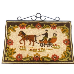 Vintage Horse And Carriage Wool Art Wall Hanger Wool Art Hanger Decorative Hanger Wool Tapestry