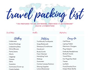 May include: A printable travel packing list with a world map graphic at the top. The list is divided into three categories: Clothing, Toiletries, and Carry-On. The list includes items such as underwear, socks, shirts, toiletries, electronics, and medications. The list also includes a section for "Don't Forget!" and "Notes."