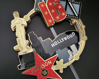 Adorno personalizado para tarta con temática de películas de Hollywood: nombre, edad y decoración de los Oscar.