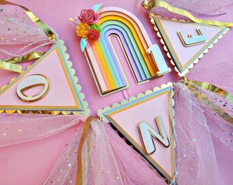 Adorno para tarta de arcoíris y pancarta "ONE"