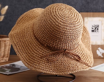 Cappello di paglia pieghevole, cappelli estivi flosci a tesa larga, cappello da spiaggia da donna, cappello da sole