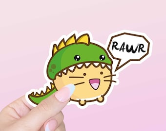 Dino Cat Rawr Die Cut Vinyl Sticker, Decal, Cute Stickers, Kawaii Sticker, cute cats Sticker, Laptop Vinyl Sticker, Fuzzballs FBS0020