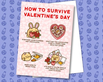 How To Survive Valentine's Day Card chocolates cat tiger  rabbit heart Kawaii Animal Cute Love romantic funny humor drawing by Fuzzballs