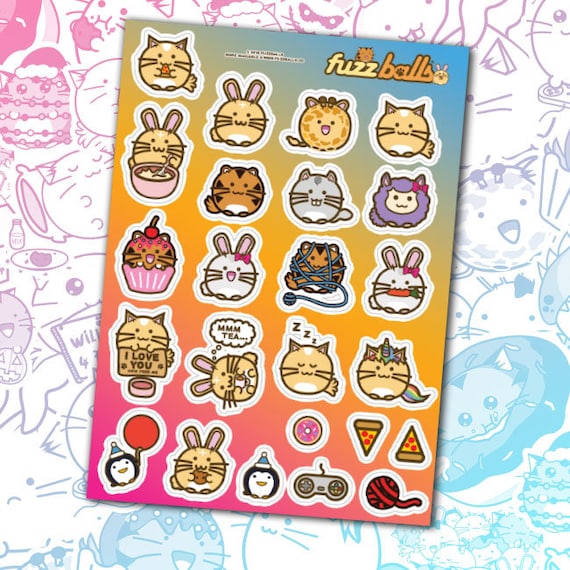 Chibi Fuzzballs Sticker Sheet Cats Bunny Animals Kawaii Cute Etsy