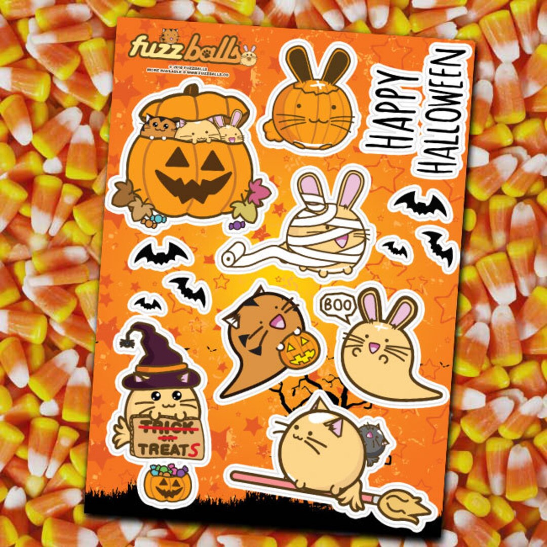 Happy Halloween Sticker Sheet Cats Ghosts Animals Pumpkin Kawaii Cute ...