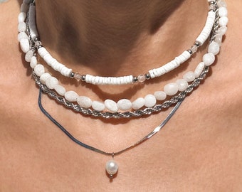 Ensemble de colliers en pierre de lune blanche, tour de cou en pierres précieuses superposées, pendentif de perle d'eau douce, chaîne en corde torsadée, bijoux de style minimaliste