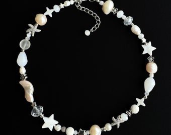 Freshwater Pearl Stars Moon Beaded Necklace, Choker, Minimalist Chic, Cute Y2K