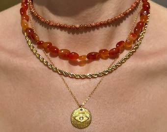 Ensemble de colliers en agate rouge, tour de cou en pierres précieuses superposées, pierre de soleil, pendentif mauvais œil, chaîne en corde torsadée, bijoux de style minimaliste