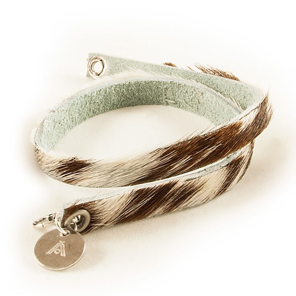 Wrips - Bracelet en peau de vache - Impression vache - Bracelet Double Wrap - Bracelet en cuir - Brun Blanc