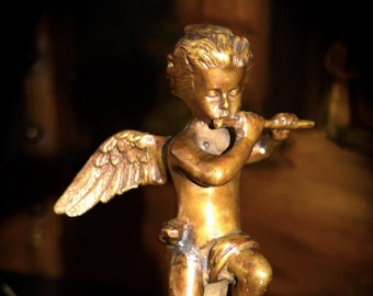 Antique Patinated Brass Sculpture Putto Playing the Flute   Sku: C219