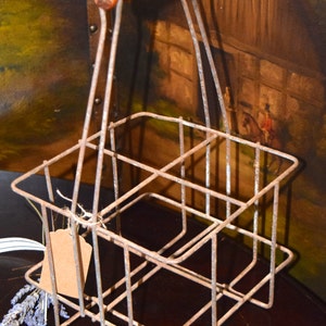 French Wine Carrier for 4 bottles Metal w/ Wood Handle  c.1930-40&#39;s Country Vintage  Sku: C220