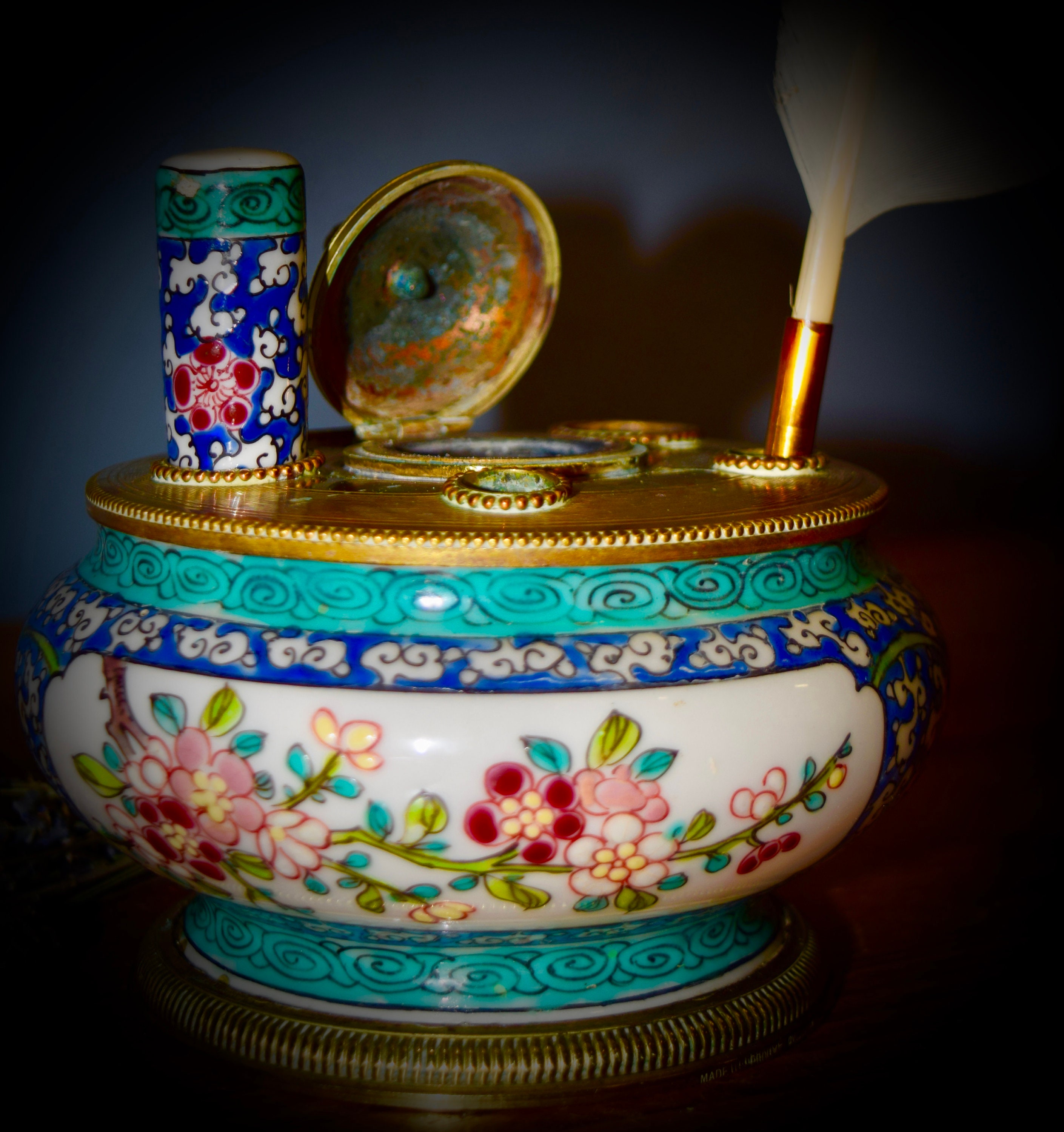 milky antique　0108 Antique French Limoges Chinoiserie Enamel Gilt Brass Inkwell